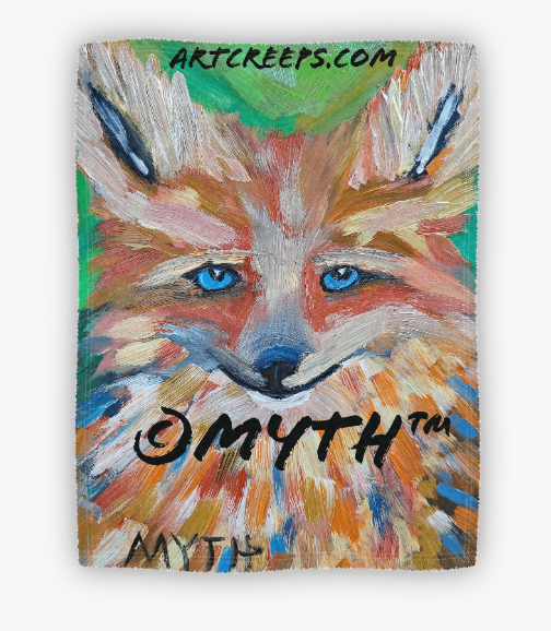 Fleece blanket by Art Creeps featuring artist MYTH's authentic hand-painted oil painting titled "Colorful Fox", a wildlife animal portrait of a fox painted in unique colors and unblended brushstrokes.