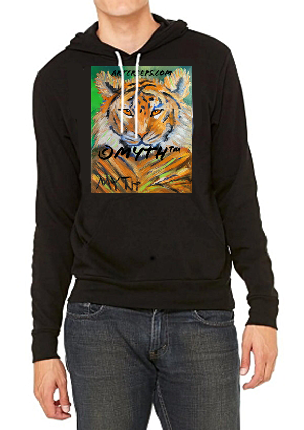 Unisex hoodie sold by Art Creeps, featuring artist MYTH's "Jungle Tiger" authentic hand-painted oil painting, a tiger done in beautiful, unique brushstrokes and soothing colors.
