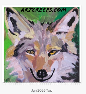 A page of a calendar from Art Creeps showing a painted dog. This canine is part of artist MYTH's hand-painted oil painting wildlife collection.