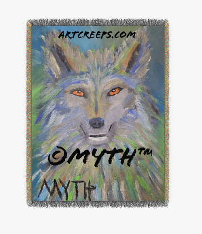 100% cotton woven blanket sold by Art Creeps, featuring "Green Wolf", an authentic original hand-painted oil painting by MYTH, depicting a wolf painted in unblended brushstrokes and warm colors.