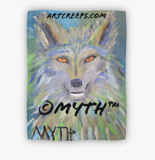 Fleece blanket sold by Art Creeps, featuring artist MYTH's "Green Wolf", part of his wildlife authentic oil painting collection. 