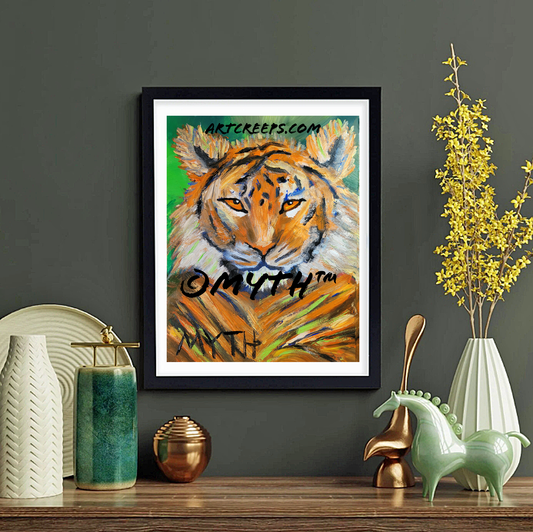 Framed print of an authentic, hand-painted oil painting titled "Jungle Tiger" by artist MYTH. The tiger stands out against a green background, his fur and details a unique collage of unblended brushstrokes and soothing colors. 