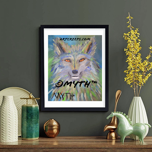 Framed prints sold by Art Creeps, featuring "Green Wolf", an oil painting by MYTH.