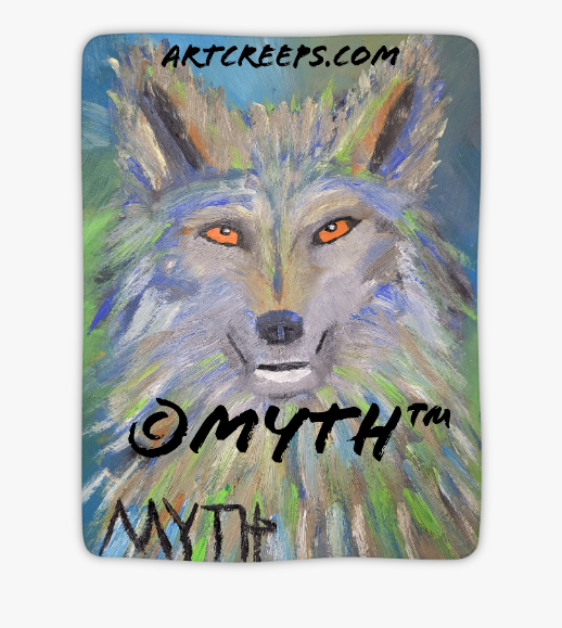 Sherpa blanket sold by Art Creeps, featuring "Green Wolf" oil painting by artist MYTH. The image is a beautiful, painterly wolf painted in unique, unblended brush strokes and cool colors. 