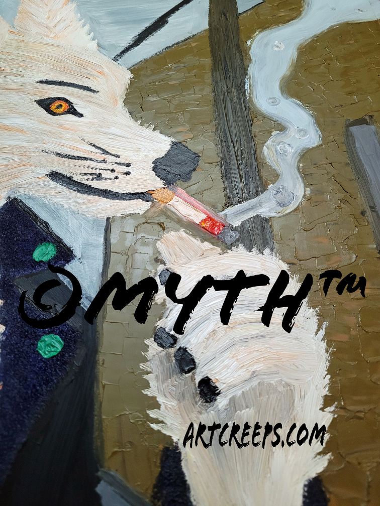 A dark, mystical oil painting of The Last Drag, created by MYTH, as a dedication to his last drag of a cigarette, featuring his signature thick-stroke, unblended style. The artwork features bold, confident brushwork and rich color contrasts that merge realism and emotion. The photo shows a current work in progress, using new methods that give the piece depth and movement. This fine-art portrait reflects strength, spirit, and individuality,