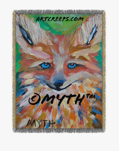 Woven blanket from Art Creeps featuring an authentic hand-painted oil painting of "Colorful Fox" by artist MYTH, a wildlife animal portrait of a fox in a painterly style with unique colors and unblended brushstrokes. 
