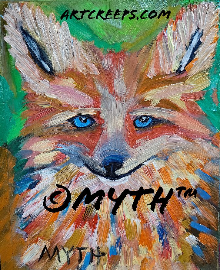 A vibrant expressive oil painting of a colorful fox, created in MYTH’s signature thick-stroke, unblended style. The artwork features bold, confident brushwork and rich color contrasts that merge realism and emotion, highlighting the fox's intense gaze and dynamic presence. Layers of warm and cool tones blend into a textured background, giving the piece depth and movement. This fine-art wildlife portrait reflects strength, spirit, and individuality, part of the MYTH Collection.