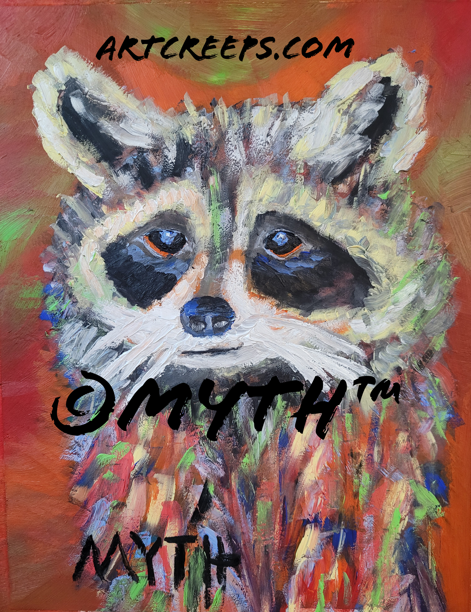 Cute Coon Raccoon is an authentic hand-painted oil painting by MYTH, part of his wildlife collection. This raccoon is painted in unique color blends and thick brush strokes. The image is watermarked artcreeps.com and ©MYTH for copyright protection purposes.