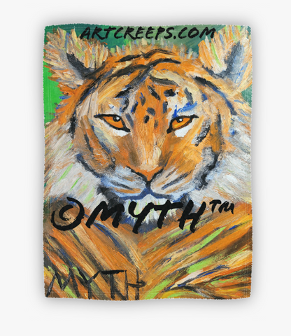 Fleece blanket sold by Art Creeps, featuring "Jungle Tiger" by artist MYTH. The image is a tiger, painted with unique brush strokes and warm tones for a comforting style. 