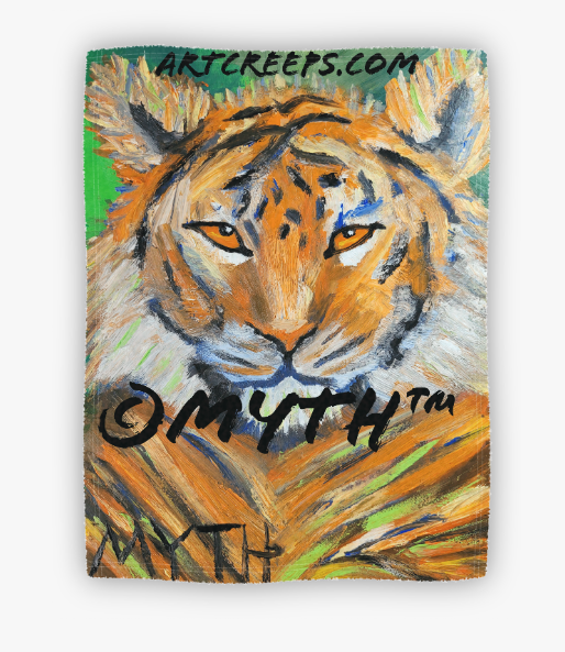 Fleece blanket sold by Art Creeps, featuring "Jungle Tiger" by artist MYTH. The image is a tiger, painted with unique brush strokes and warm tones for a comforting style. 