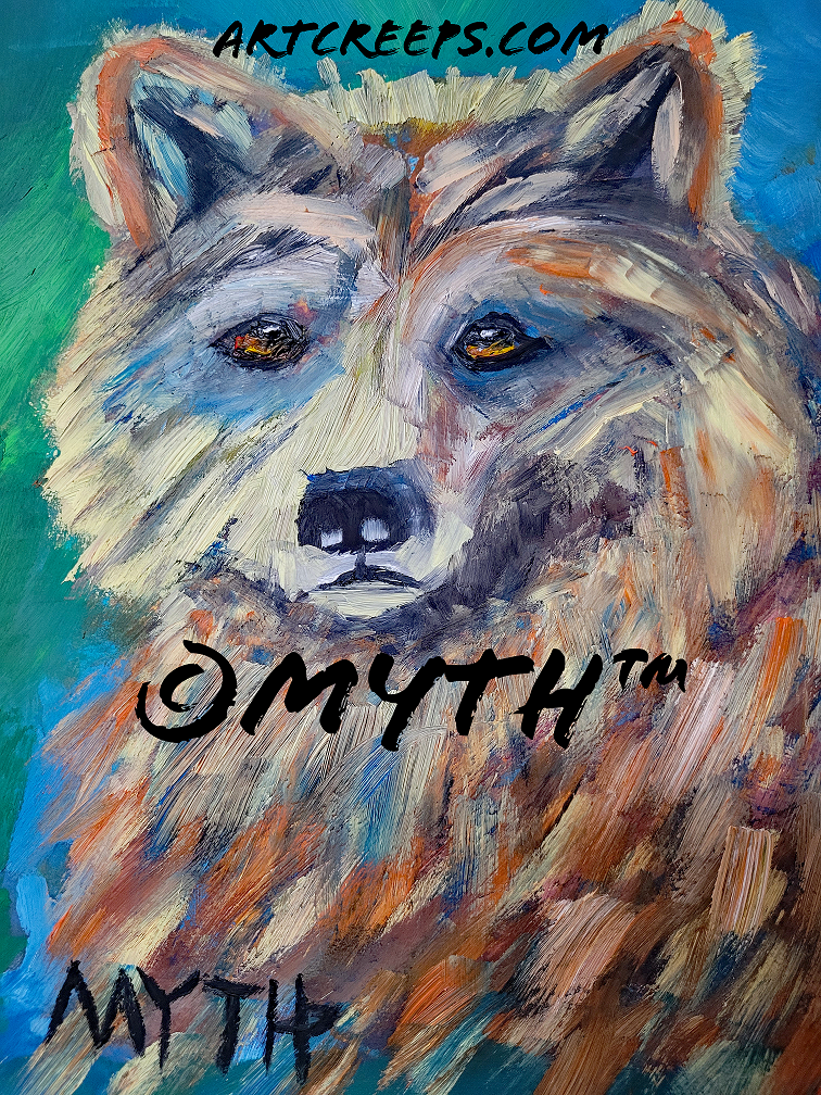 A vibrant expressive oil painting of a furry bear, created in MYTH’s signature thick-stroke, unblended style. The artwork features bold, confident brushwork and rich color contrasts that merge realism and emotion, highlighting the bear's intense gaze and dynamic presence. Layers of warm and cool tones blend into a textured background, giving the piece depth and movement. This fine-art wildlife portrait reflects strength, spirit, and individuality, part of the MYTH Collection.