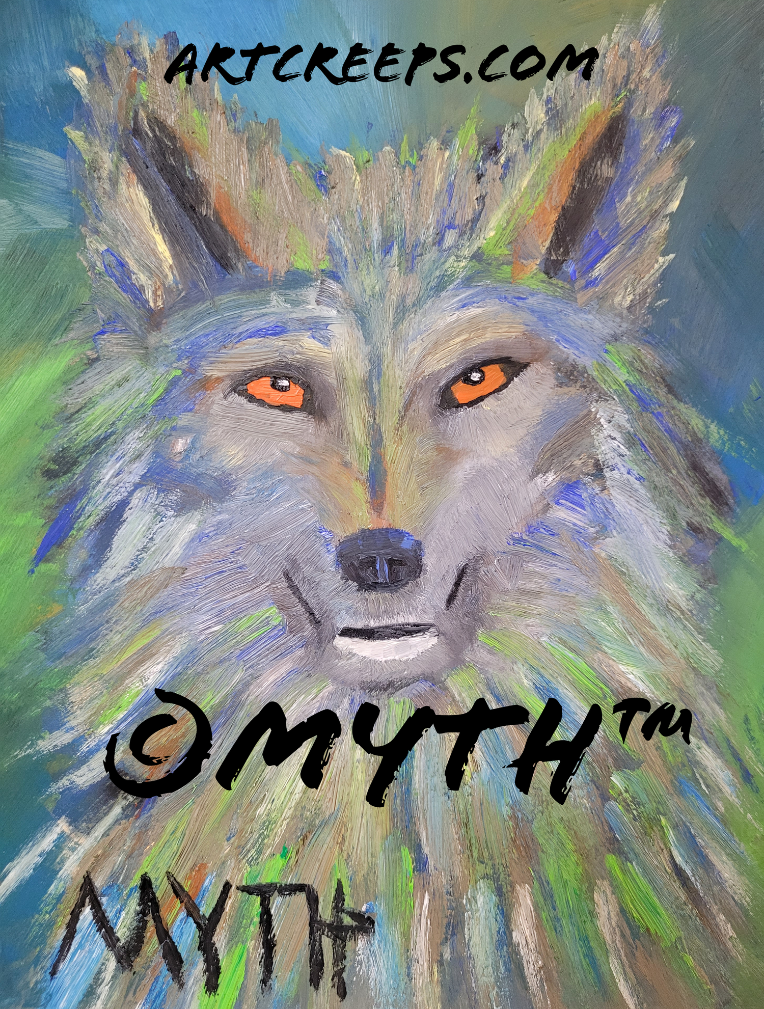 Artist MYTH's "Green Wolf" authentic hand-painted oil painting of a wolf, in thick, textured brushstrokes and cool colors. The image is watermarked artcreeps.com and ©MYTH™ for copyright protection purposes.