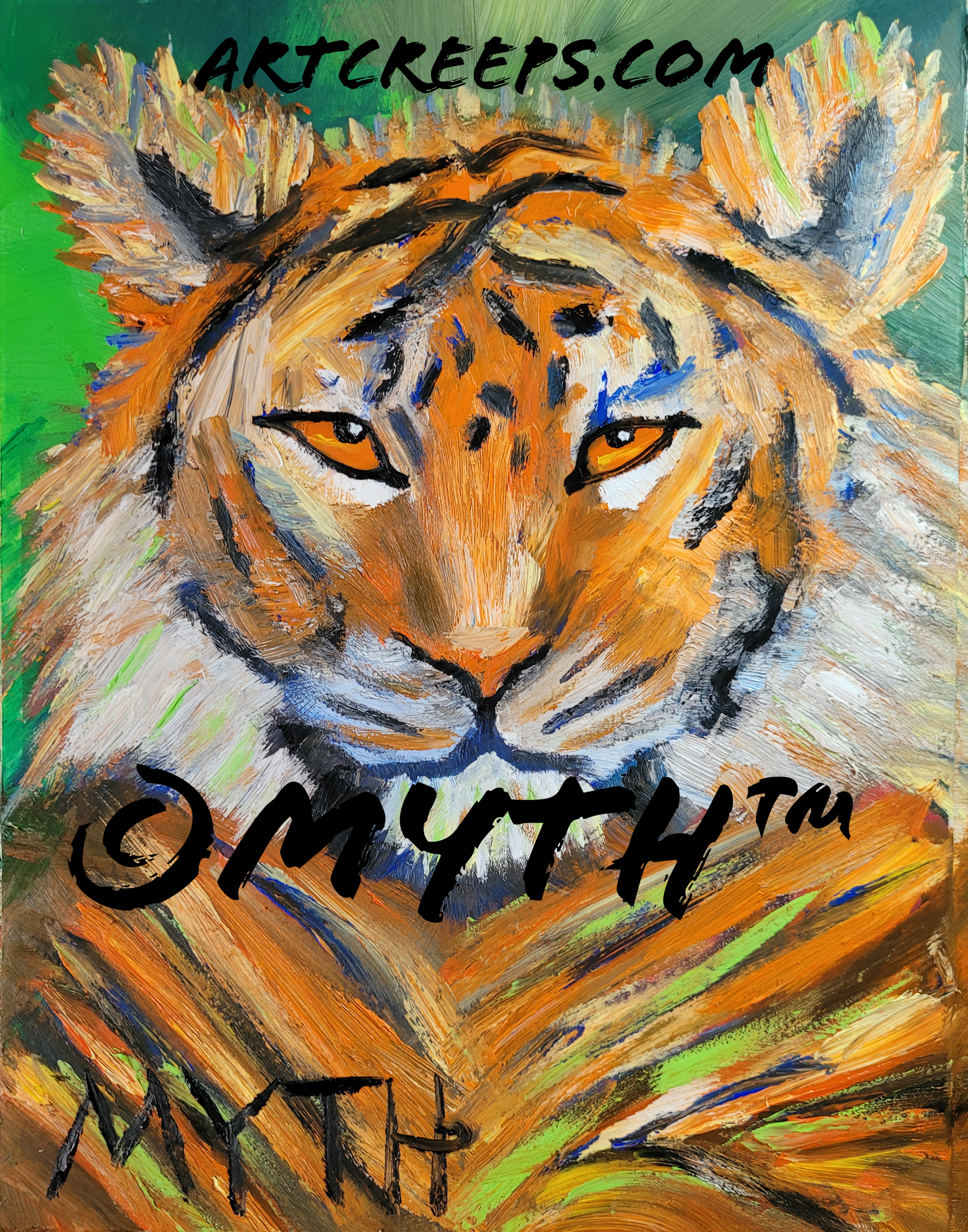 Authentic oil painting by artist MYTH of "Jungle Tiger", painted in thick textures and unique, unblended brushstrokes. The image is watermarked artcreeps.com and ©MYTH™ for copyright protection purposes.