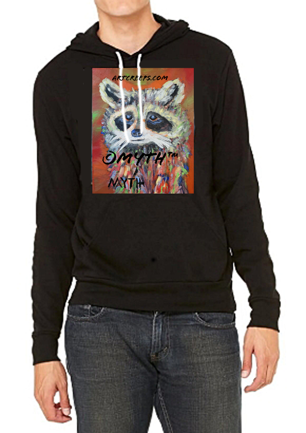 Unisex hoodie featuring MYTH's authentic oil painting of a raccoon in thick, unique, unblended brush strokes and bright colors. The image is watermarked artcreeps.com and ©MYTH for copyright protection purposes.