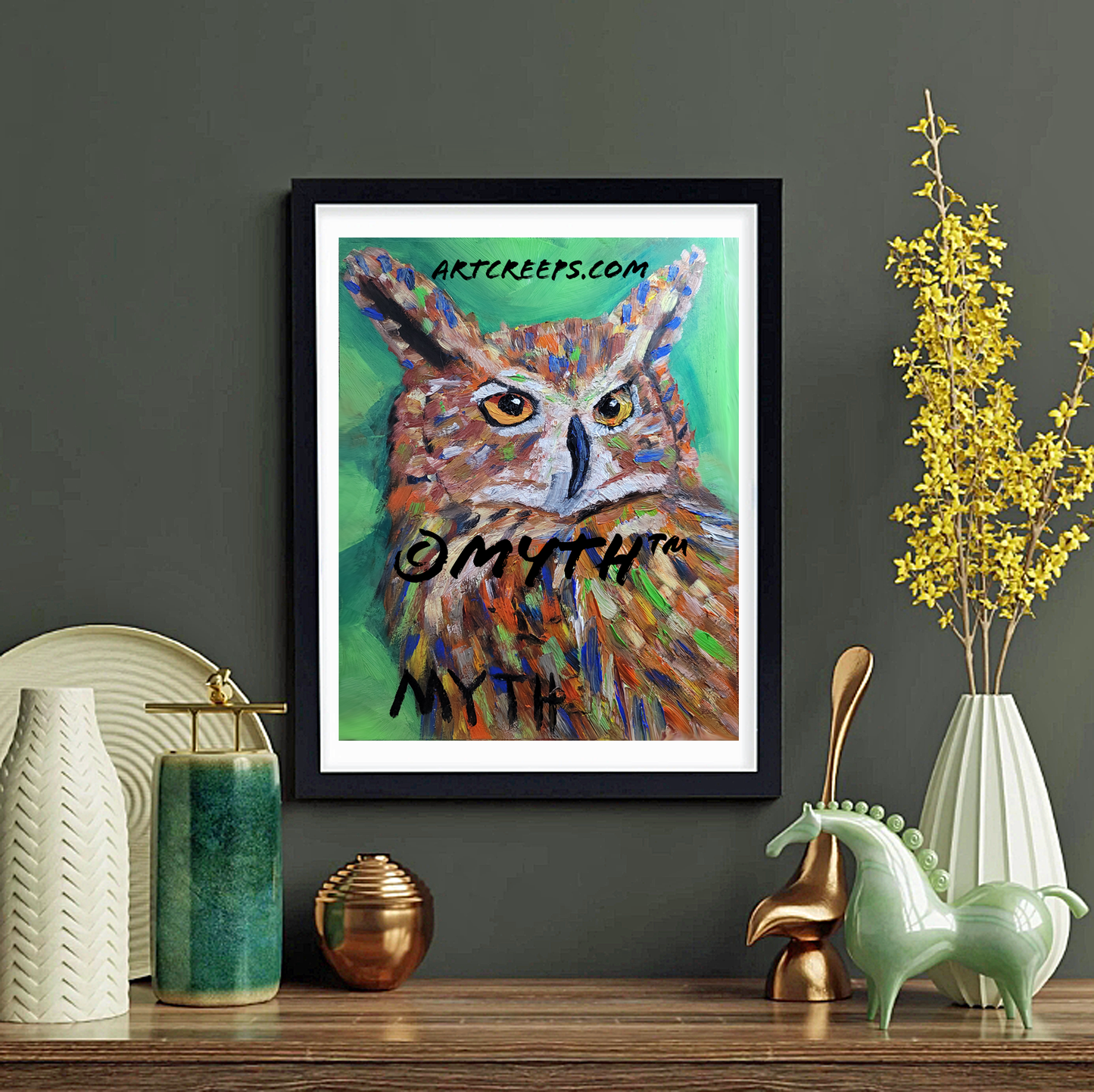 Watchful Owl - Professionally Framed Wildlife Art Print from Original Oil Painting By MYTH