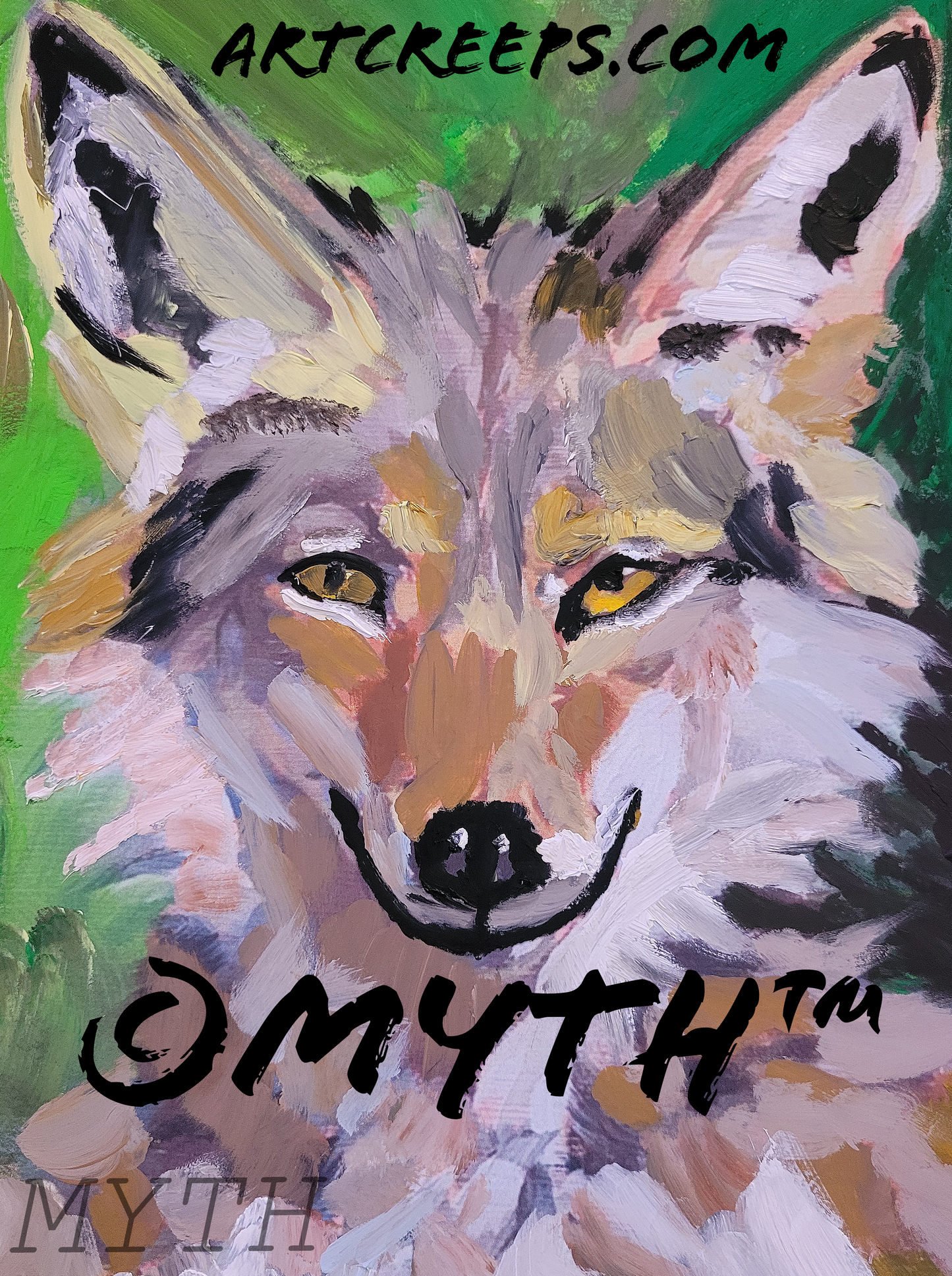 Authentic hand-painted oil painting on wood, titled "Pretty Boy" by artist MYTH. The painting is a pretty dog, a pup portrait in a painterly style featuring unique colors and brushstrokes. 