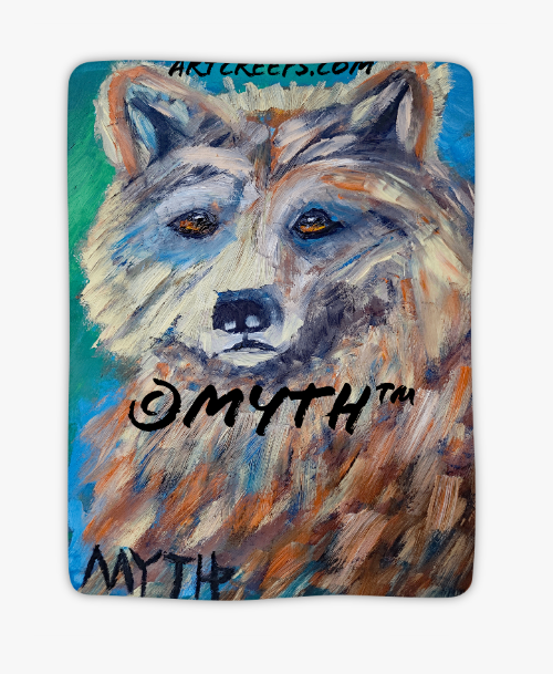 Art Creeps sherpa blanket featuring "Furry Bear" by artist MYTH, a bear displayed in a painterly style with unique brushstrokes and colors.