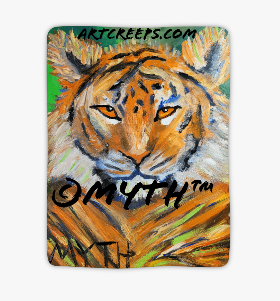 Art Creeps sherpa blanket, size 60x80 inches, featuring original artwork by MYTH, titled "Jungle Tiger". 